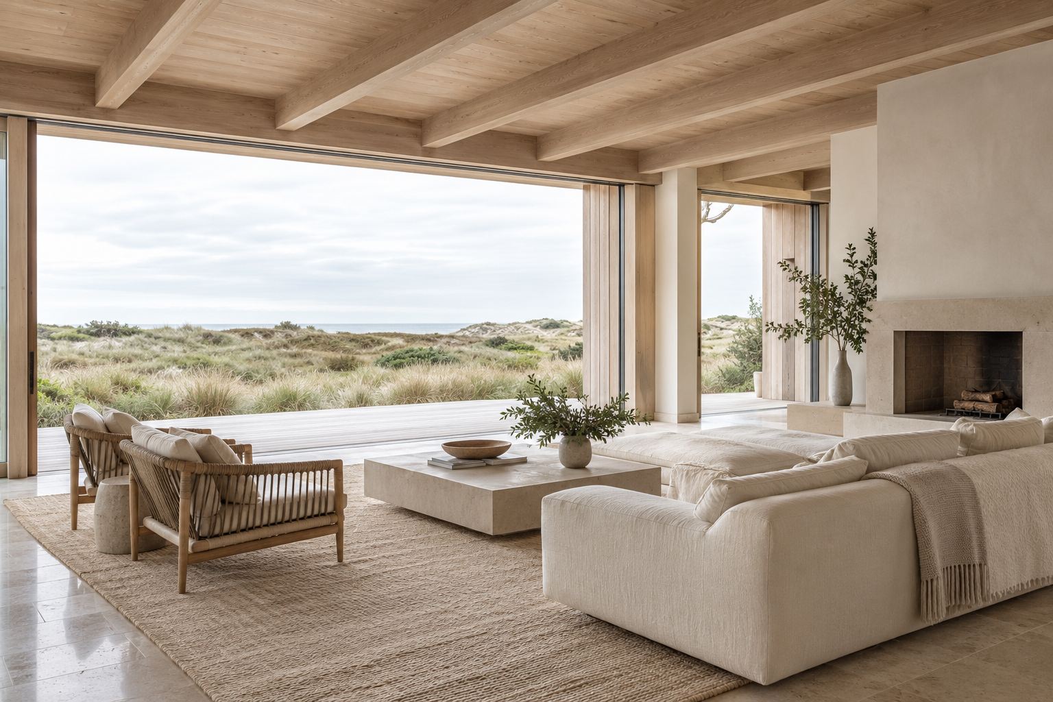 Living room with linen sofas and oak beams, open to a porch and grassland beyond