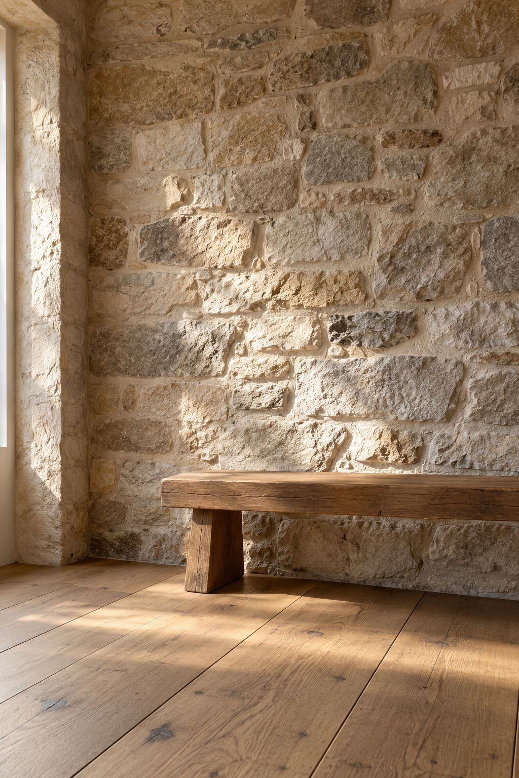 Rustic oak bench against a fieldstone wall, with sunlight across wide oak floorboards