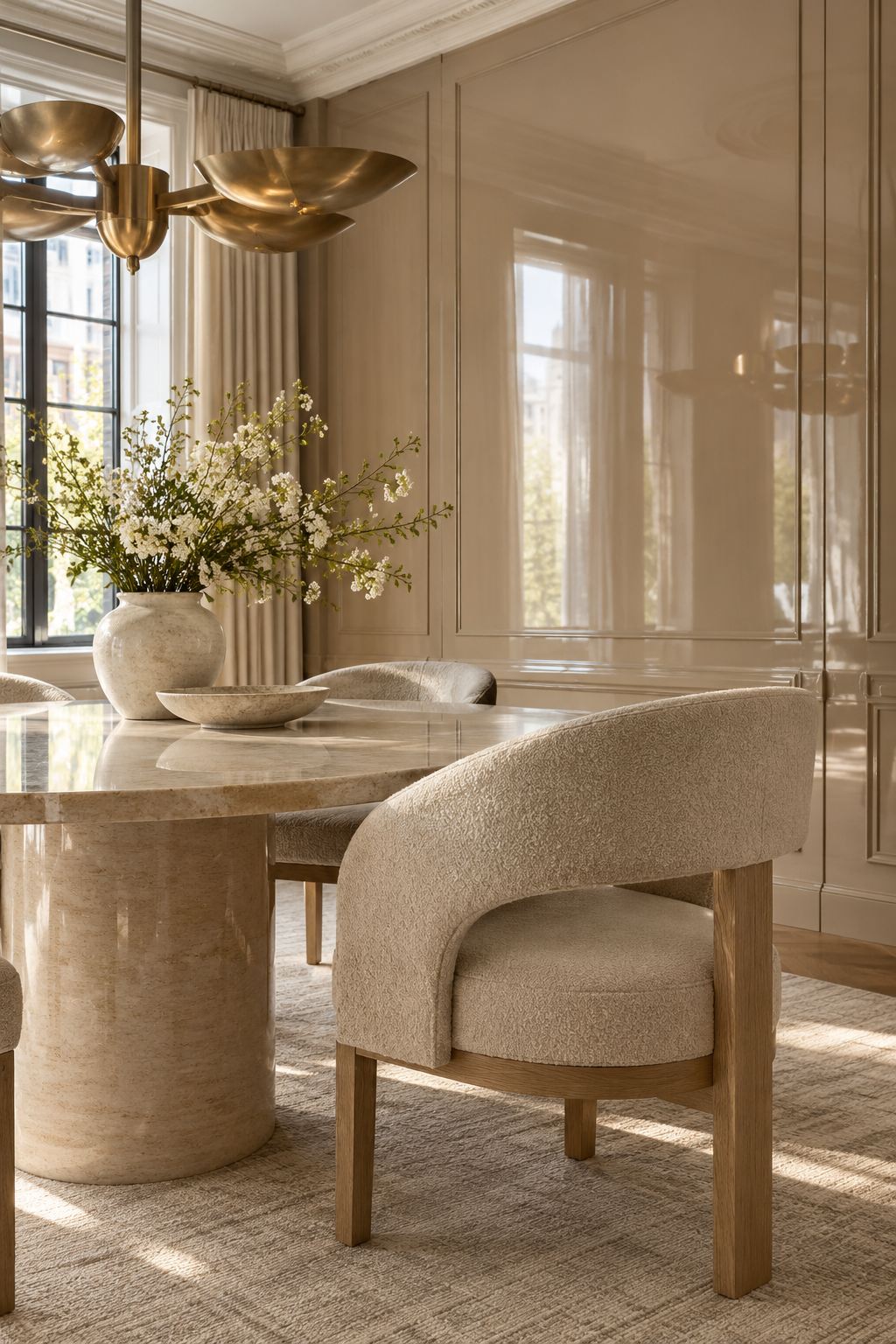 Dining room with lacquered paneled walls, a round travertine table, boucle chairs, and a brass chandelier