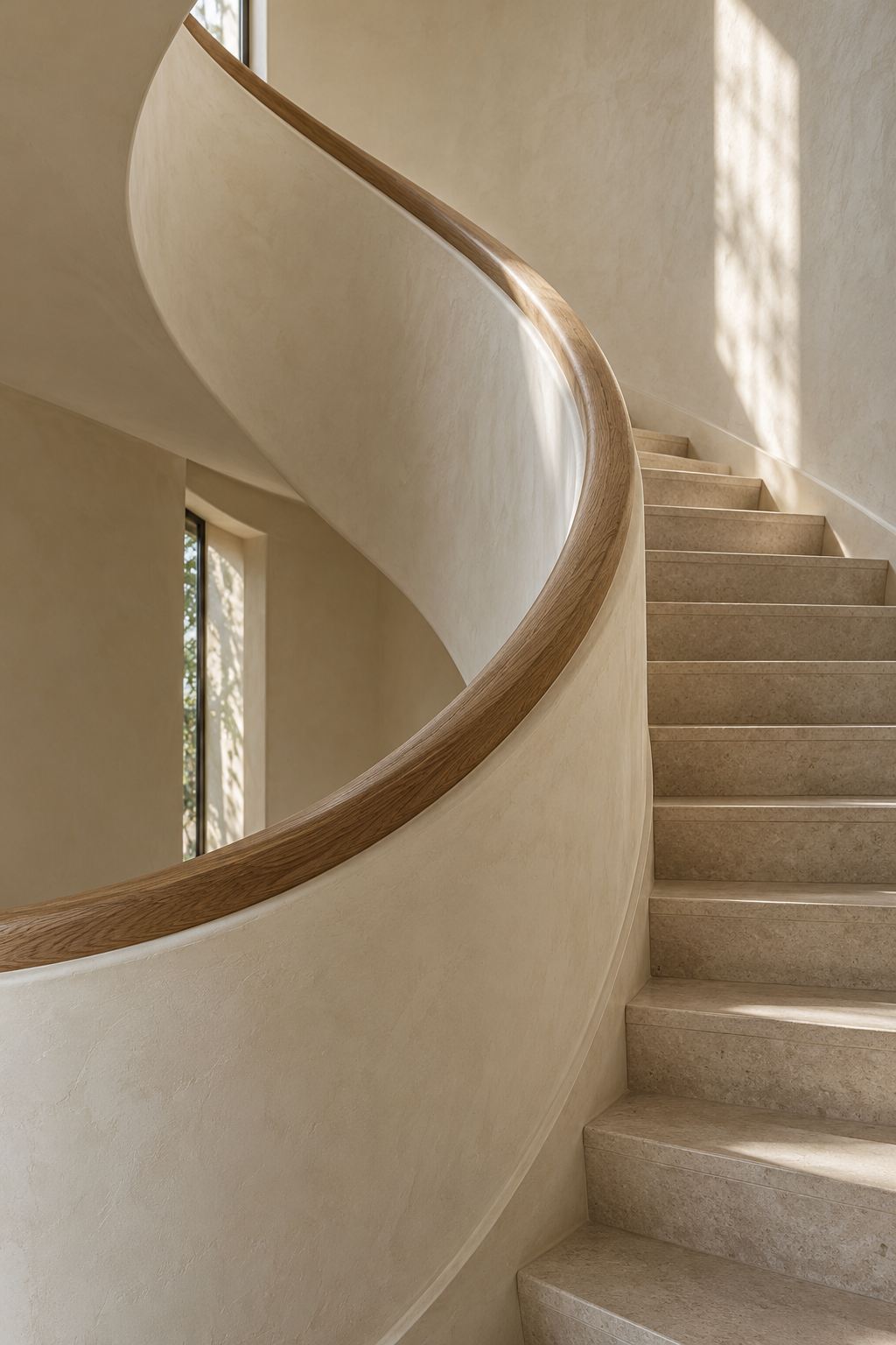 Curved plaster staircase with a carved oak handrail, light falling across the wall